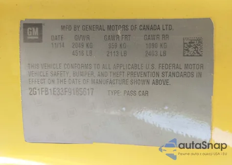 2015 Chevrolet Camaro 2Ls z USA, uszkodzony, nr VIN 2G1FB1E33F9185617